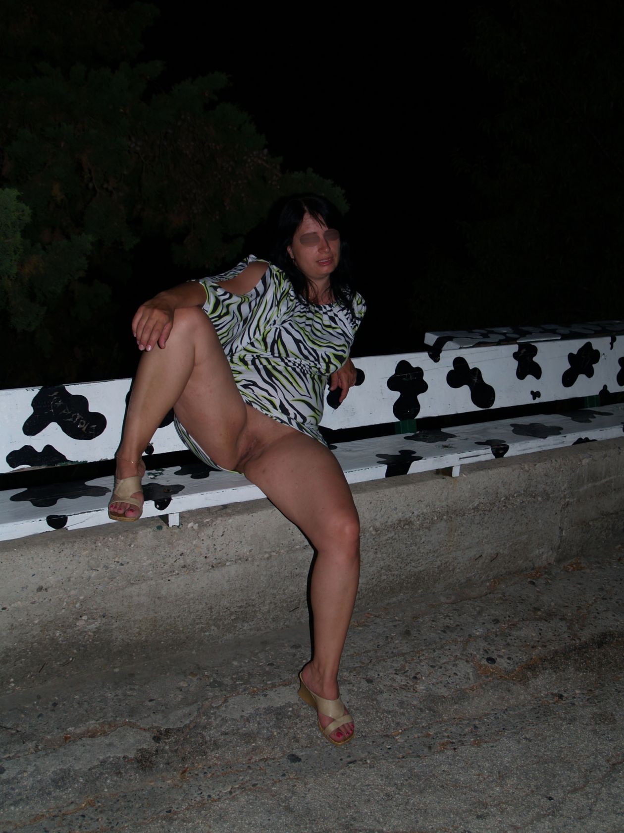 My MILF wife - little evening walk in Croatia - legs open showing cunt, legs open, outdoor, public, upskirt 64