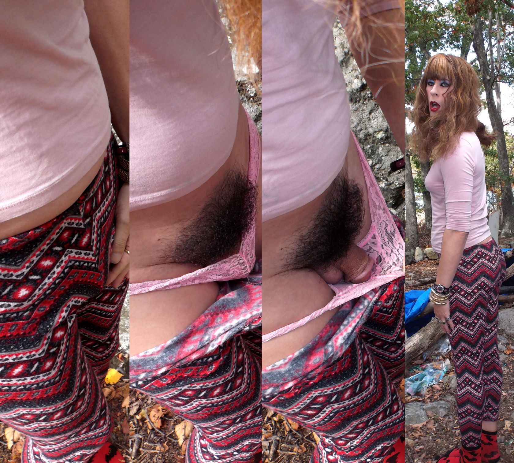 crossdresser shows what is under her red jogging pants