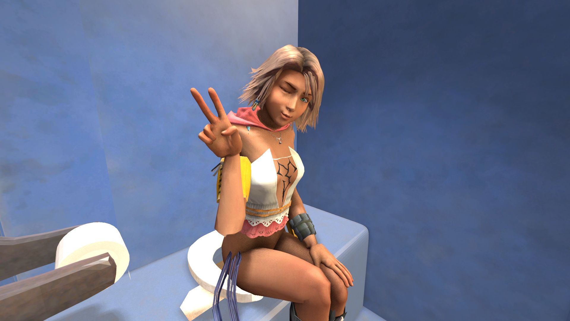 Yuna blowing a kiss with Peace sign.