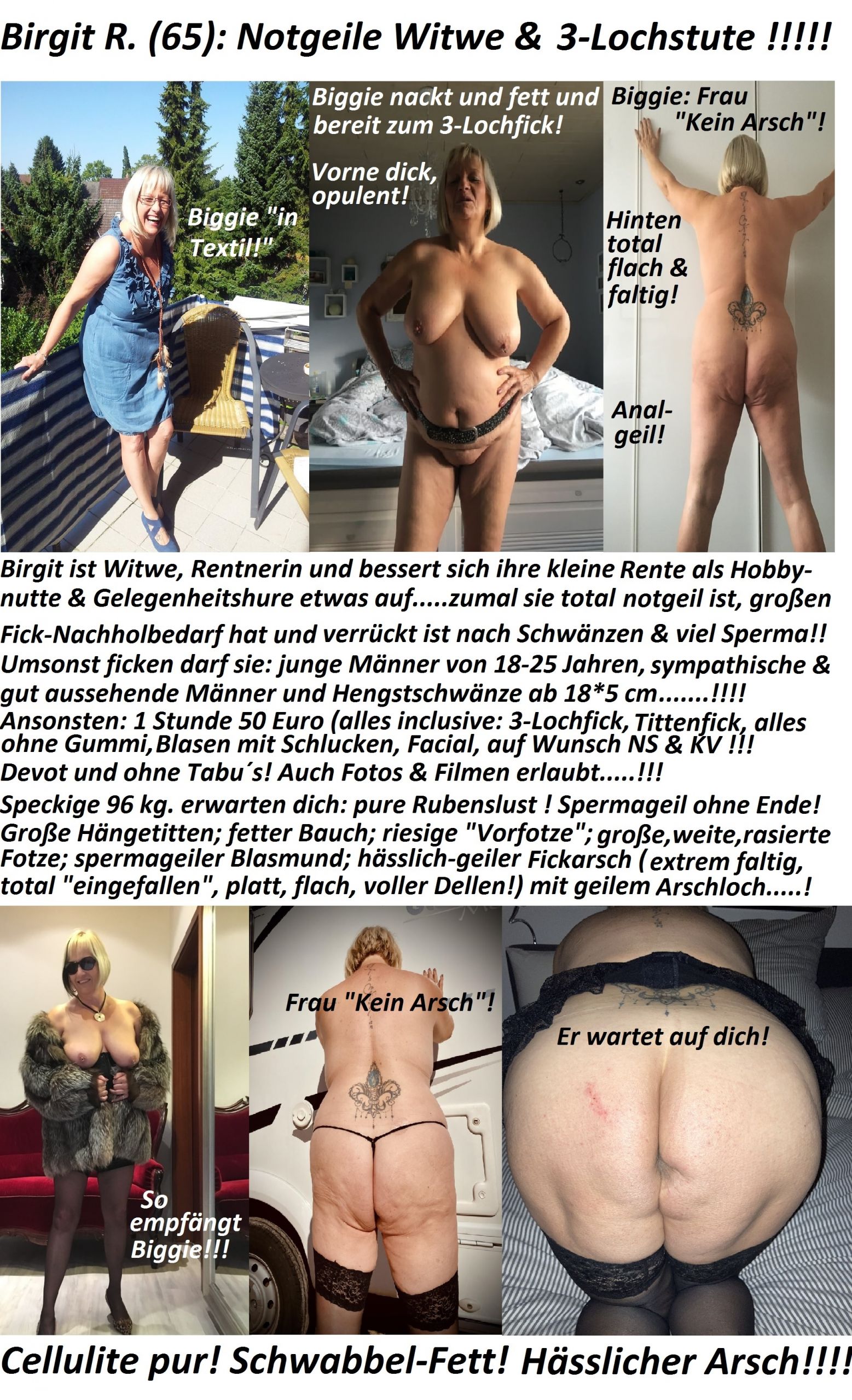 Cellulite-Hobbynutte Birgit braucht Schwänze und ganz viel Ficksahne in alle 3 Löcher!