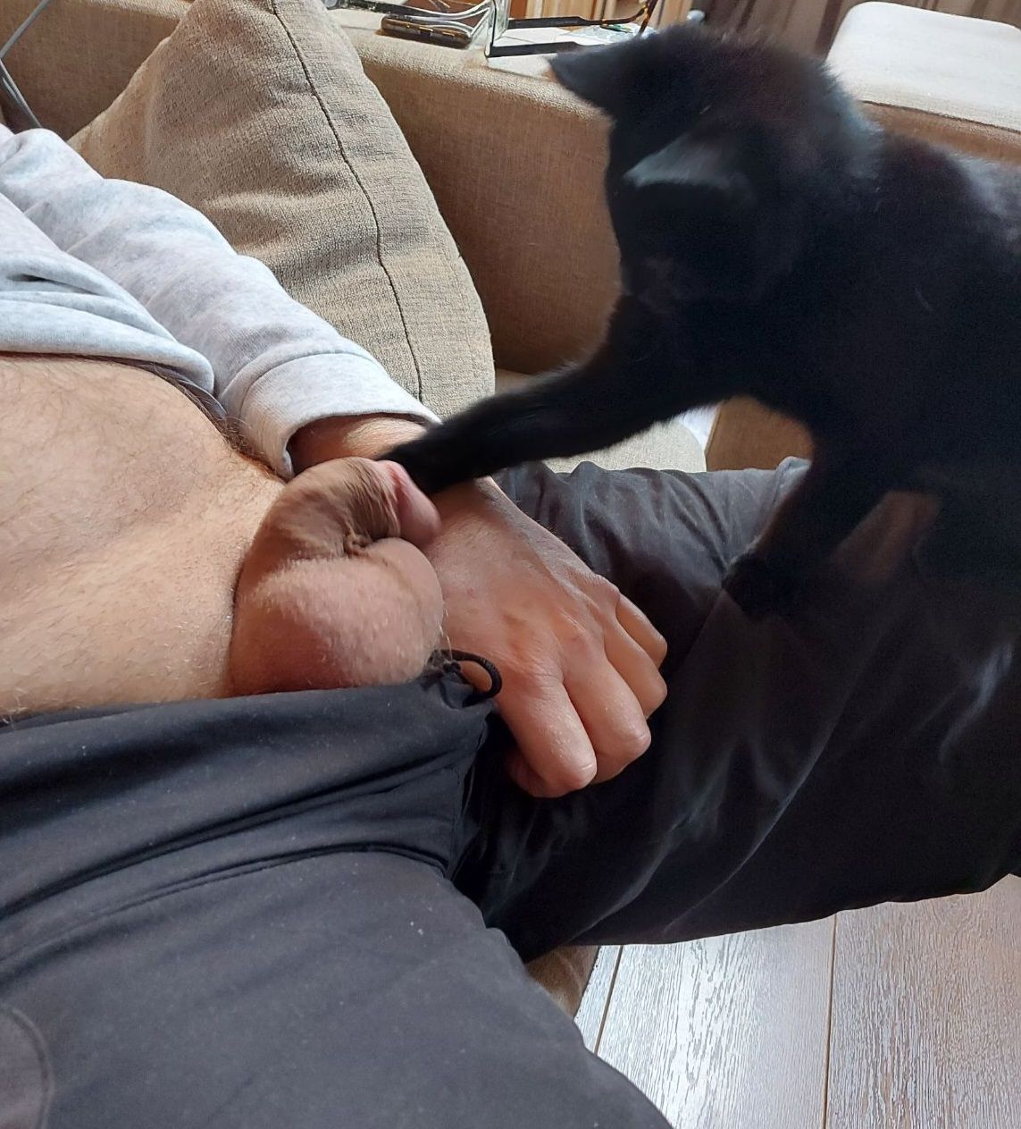 Black kitten loves my cock.