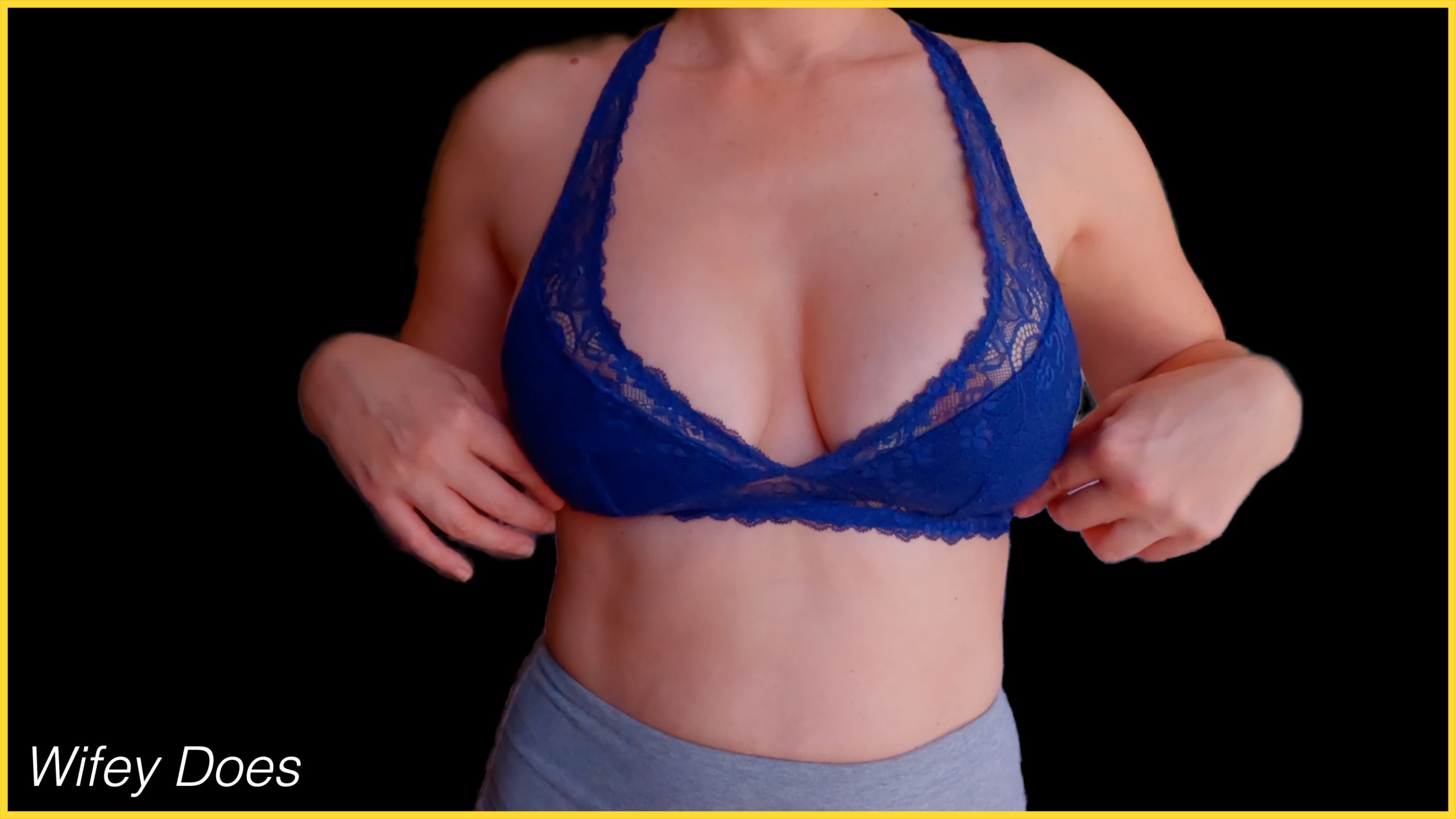 Wife stuns in lacey blue bra