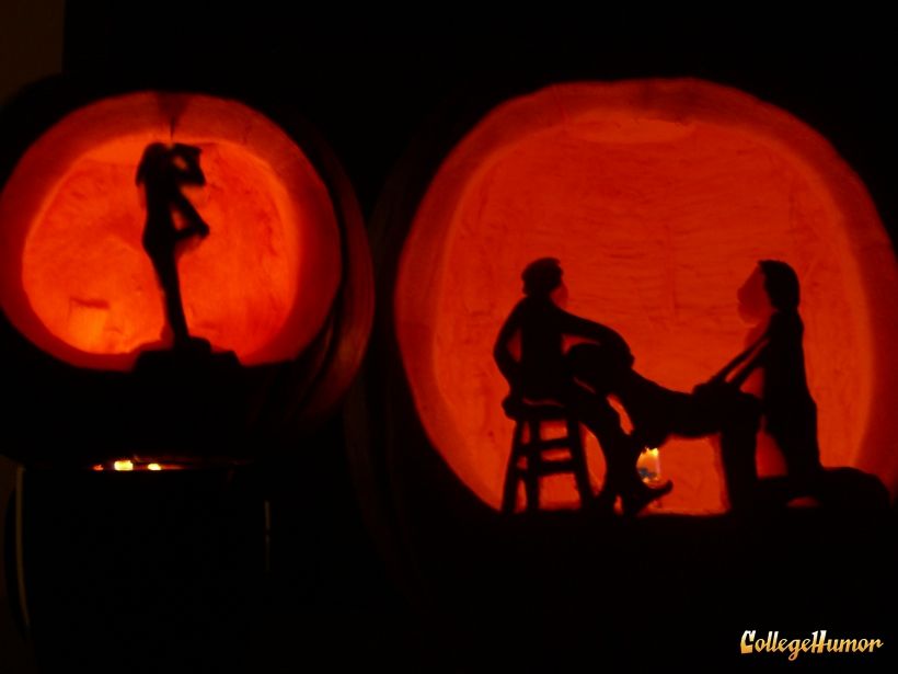 In case you can't tell, the smaller pumpkin is a camera man filming and masturbating