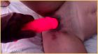 Wifey teases her shaved pussy with her big 10&#34; dildo